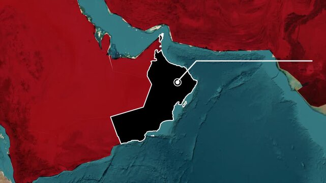 Oman Arabian Peninsula Border Highlight Animation with Gulf Region Map.
Oman Territory Reveal on Middle East Geographic Map.