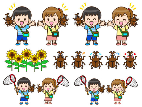 	夏休みに昆虫採集する子供のイラストセット