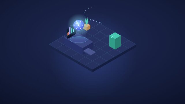A video showcasing a 3D model with a glowing orb and cube on a dark blue background
