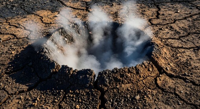 Geothermal vent in lava field with steam rising iceland landscape