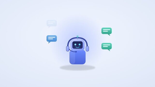 A video showcasing a blue robot with headphones and speech bubbles around it