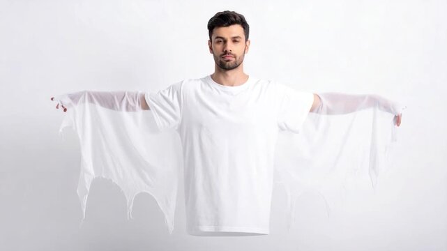 Man in ghost costume with white sheet against white backdrop