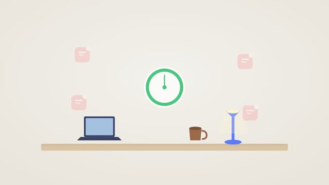 A video showcasing a modern workspace with a laptop and coffee cup on a desk with a clock and reminders