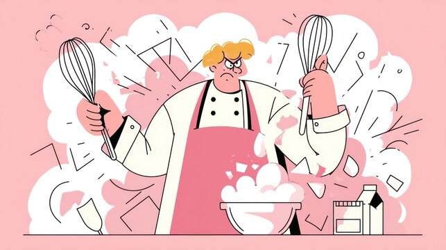 Angry chef with whisks and bowl, pink background, cartoon style, abstract shapes surround