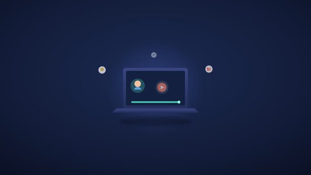 A video showcasing a laptop with glowing icons on its screen in a dark room