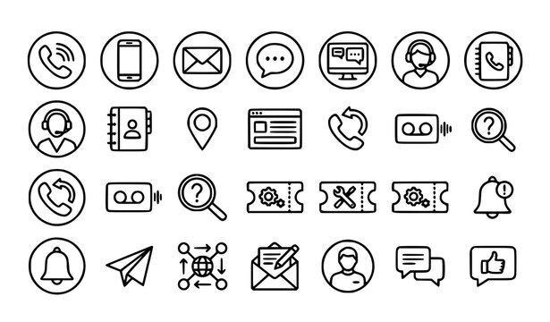 Modern Contact Us Outline Vector Icons Featuring Phone Mail Chat and Communication Editable Stroke Set