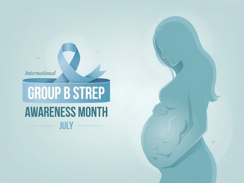 International group b strep awareness month, july, conceptual illustration with a pregnant woman silhouette and blue ribbon