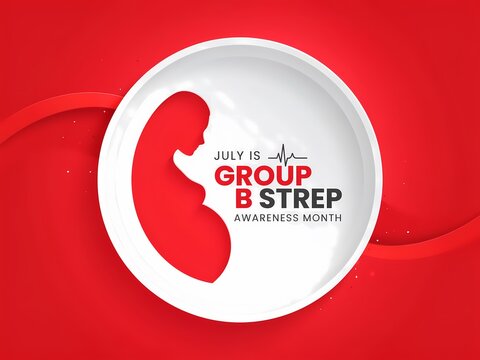 Group b strep awareness month concept with pregnant woman silhouette and heartbeat line on red background