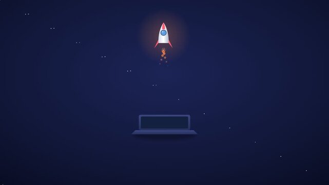 A video of a rocket launching into the night sky from a laptop