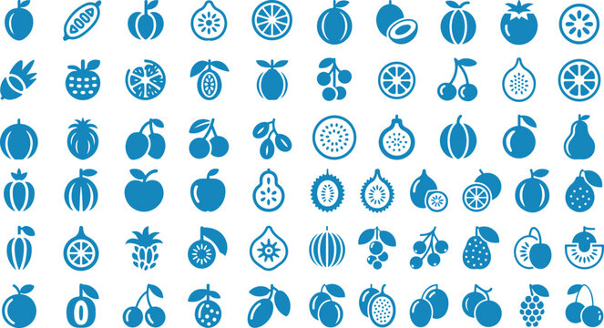 Blue fruit icons on white background for design and nutrition concepts