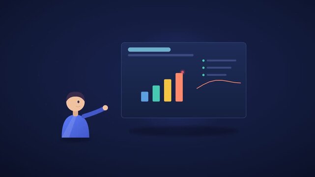 A cartoon man presenting a video about a colorful web interface on a dark background