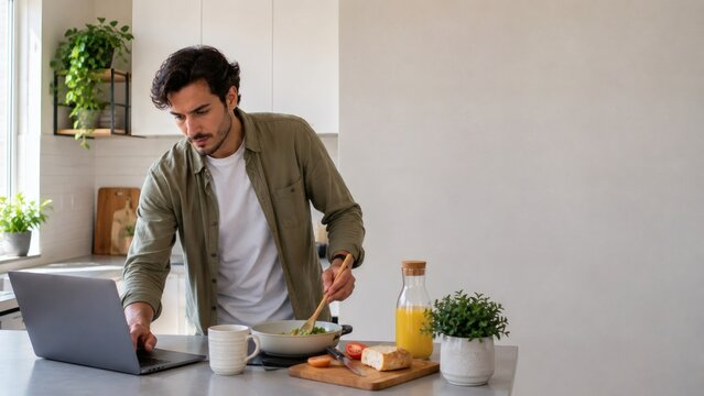 A man cooking breakfast in a modern kitchen while using a laptop