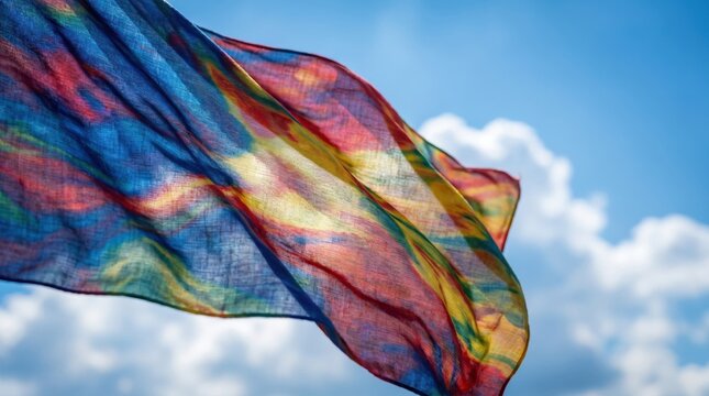 Vibrant rainbow flag fabric gently waving in the bright blue sky with soft white clouds