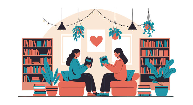 Two young women enjoying a peaceful reading session in a cozy room with comfortable seating and bookshelves.