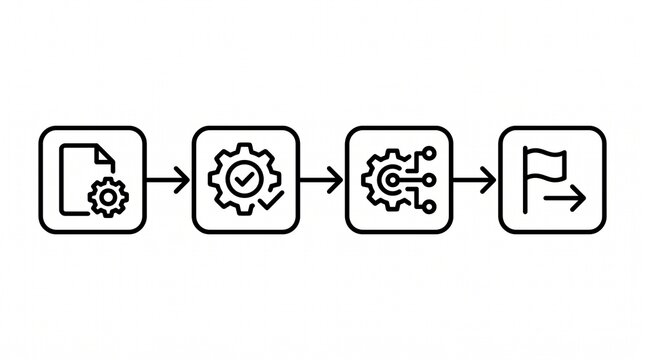 Linear process flow with four distinct stages: document configuration, successful processing, advanced automation, and final goal achievement.