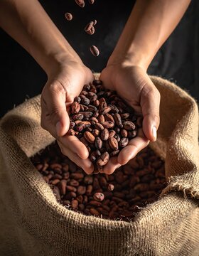 Hands holding coffee beans in burlap.
