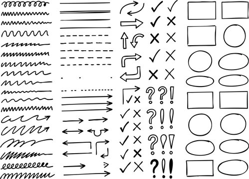 A comprehensive set of hand drawn doodle featuring lines, arrows, check marks, crosses, question marks, and shapes on white background
