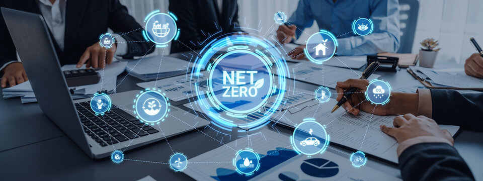 Net zero and sustainability concepts with environmental balance, digital sustainability icons, green energy goals, and eco-conscious digital business transformation for the future. Entice