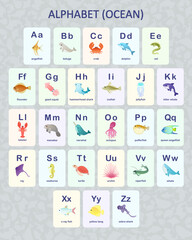 Ocean animals alphabet flashcards for kids. Educational printable cards with marine animals from A to Z. Preschool and kindergarten resource for letter recognition and vocabulary. © Katy Kai Art