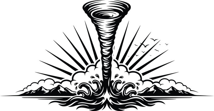 Vector eps silhouette illustration of a tornado touching down on ocean waves with clouds and sun.