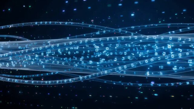 Glowing binary code streaming through fiber optic cables in this high speed digital motion video footage