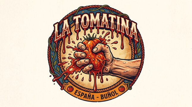 Iconic La Tomatina Festival Logo Celebrating A Hand Squeezing A Ripe Tomato, A Vibrant Splash Of Red Juice Symbolizing Spain's Beloved Food Fight Tradition