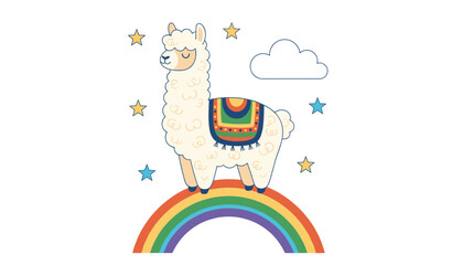 Naklejka premium Cute fluffy white llama standing on a colorful rainbow under a soft white cloud with bright yellow and blue stars.
