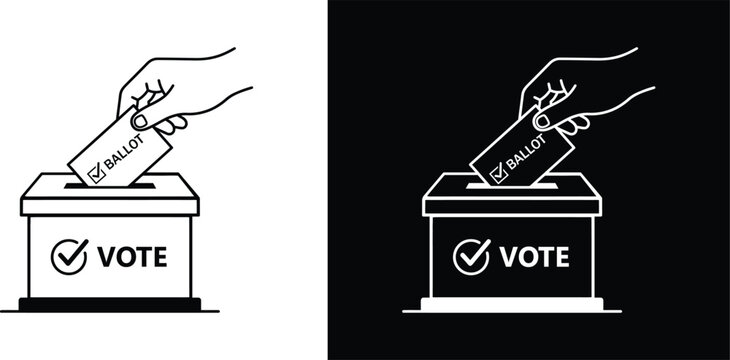Voting ballot box icon with hand casting vote in black and white