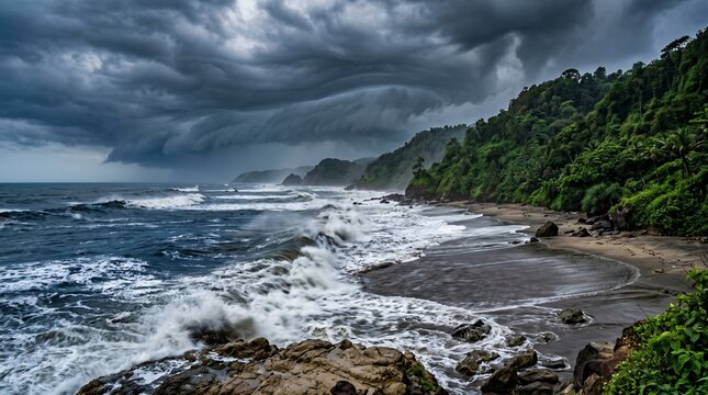 Coastal Monsoon Clouds Over a Rugged Shoreline with Crashing Waves and Lush Green Hills Under Dark Storm Sky