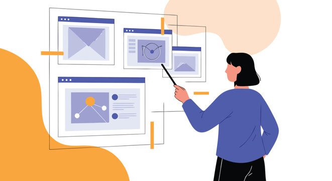 Product designer demonstrating user interface concepts and wireframe layouts on a digital presentation board for software development.
