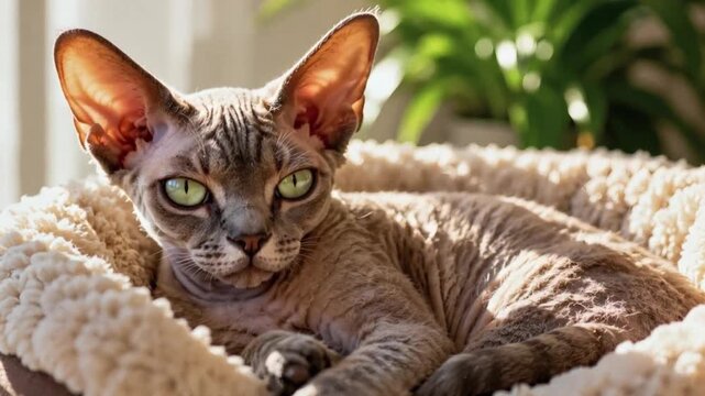 Devon Rex cat resting in cozy bed with green plant background  