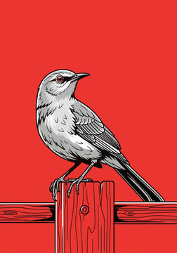 Vector illustration of a grey mockingbird with a red eye perched on a wooden fence post. Detailed songbird on timber railing against a solid red backdrop with bold lines.