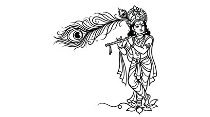 Fototapeta premium Hindu deity Krishna playing flute with peacock feather crown