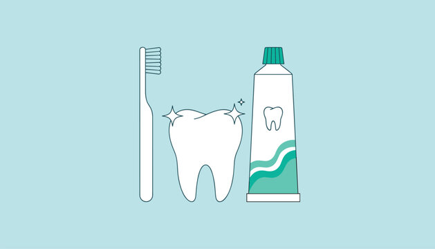Dental care set featuring a sparkling white tooth, a classic toothbrush, and a tube of toothpaste over a soft blue background.