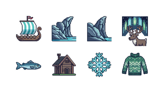Pixel art collection of Scandinavian winter and nature elements
