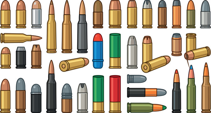 Ammunition and Bullet Vector Set Featuring Various Calibers of Pistol Rifle Shotgun Shells and Military Cartridges for Weapon Illustration