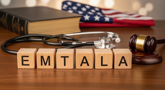 EMTALA Law Concept with Gavel, Stethoscope, and American Flag