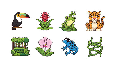 Obraz premium Collection of cute cartoon jungle animals and plants in a vibrant tropical rainforest setting