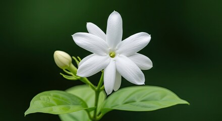 Fototapeta premium Single white jasmine flower on a green leafy stem.