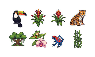 Obraz premium Pixel art collection of Amazon rainforest animals and plants