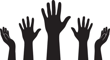 Fototapeta premium Silhouette of five human hands raised in the air, representing unity, support, voting, or celebration on a white background