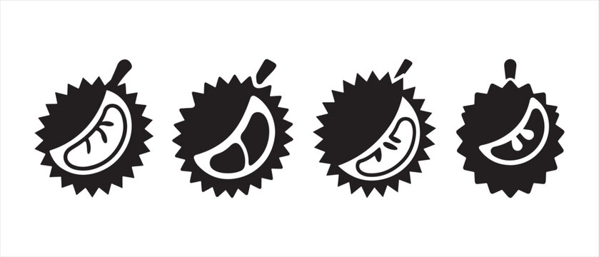 Black and white vector icons of durian fruit pieces and whole spiked shells arranged in a clean row.