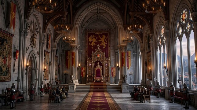 Majestic Medieval Throne Room Interior with Royal Banners and Knights