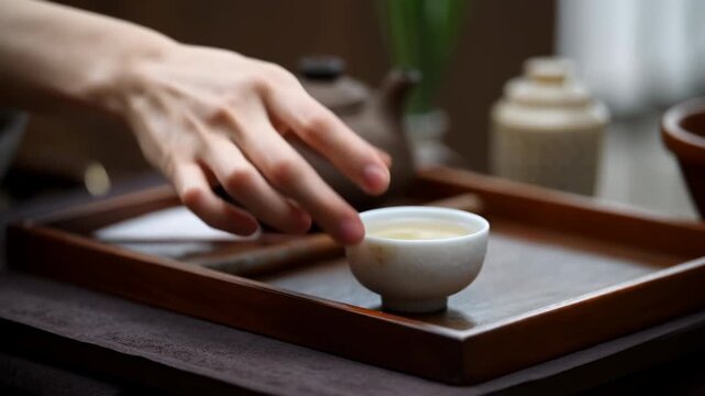 Hand placing a ceramic cup on a wooden serving tray