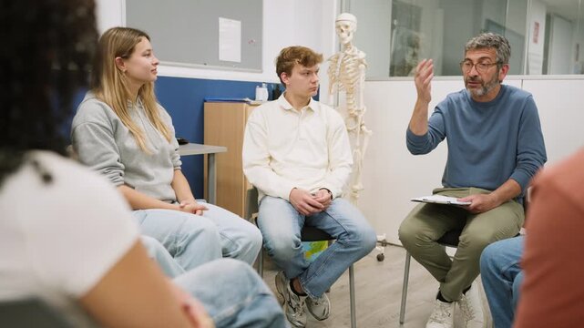 Students and professor applauding during a group therapy session