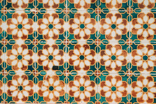 Traditional geometric Portuguese ceramic tile (azulejo)