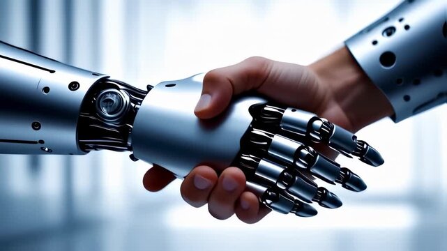 A human hand clasps a robotic arm, symbolizing a merger. Blue toned background