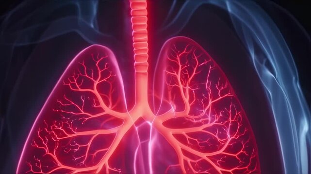 Glowing digital representation of human lungs with detailed red and pink bronchioles, in a dark setting