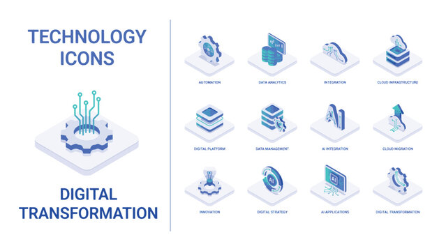 Isometric technology icons for digital transformation and AI concepts on a light background vector