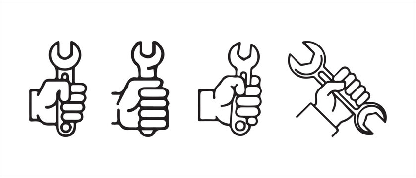 Set of human hands holding open ended wrenches in different positions line art icon design.